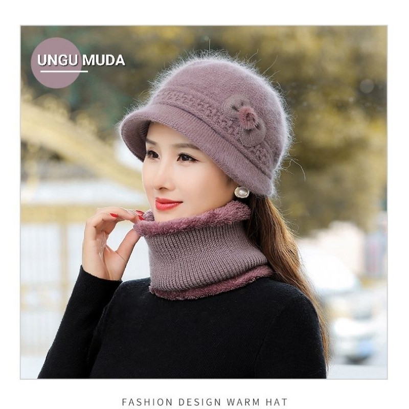 AHJUMMA HAT SCARF SET PREMIUM WINTER THERMAL CASHMERE TOPI SYAL LAPIS BULU