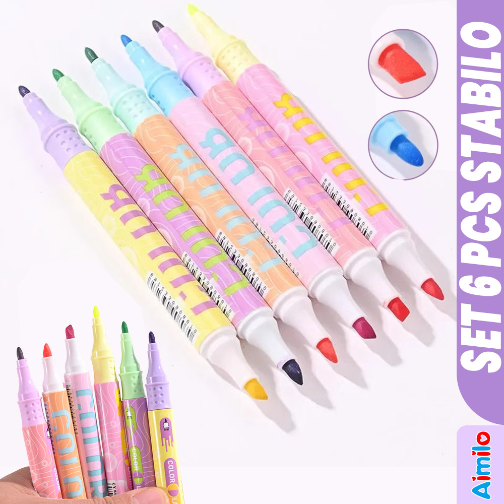 Jual Stabilo Aimilo Pastel 2 Sisi 1 Set Isi 6 Pcs Highlighter Warna ...