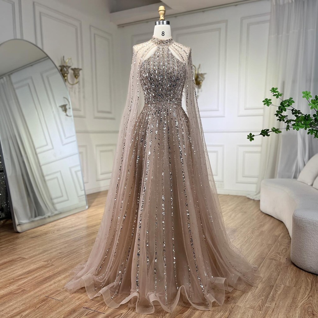 Caramel Mermaid Cape Sleeves Evening Dresses Luxury Beaded Arabic Party Gowns 2025 For Women LA72053A