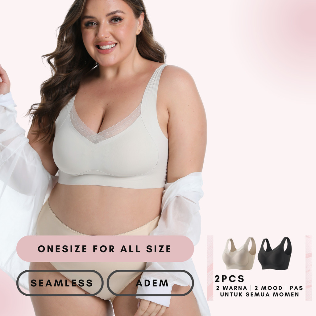 URU [2PCS] Bra V Renda Seamless bh wanita lite bra push up ringan jumbo pakaian Lebar Tanpa Kawat