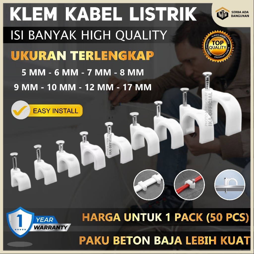 Jual SAB Klem Kabel Listrik 5 6 7 8 10 12 50 PCS Klip Pengikat Kabel ...