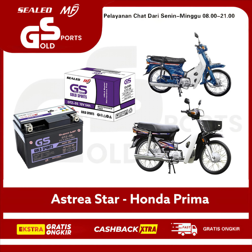 GOLD SPORTS Aki Full Kering Motor Astra Star / HONDA Prima GTZ5S 12V5Ah Accu Gel MF Battery GS