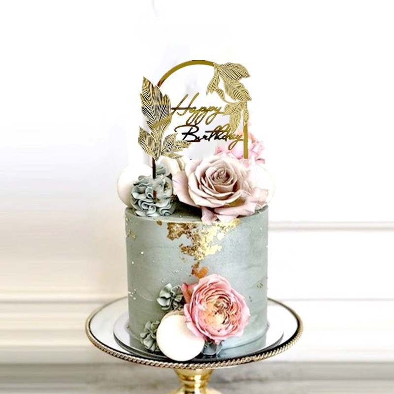Jual CAKE TOPPER HBD ACRYLIC / TUSUKAN HIASAN KUE AKRILIK Motif Daun ...