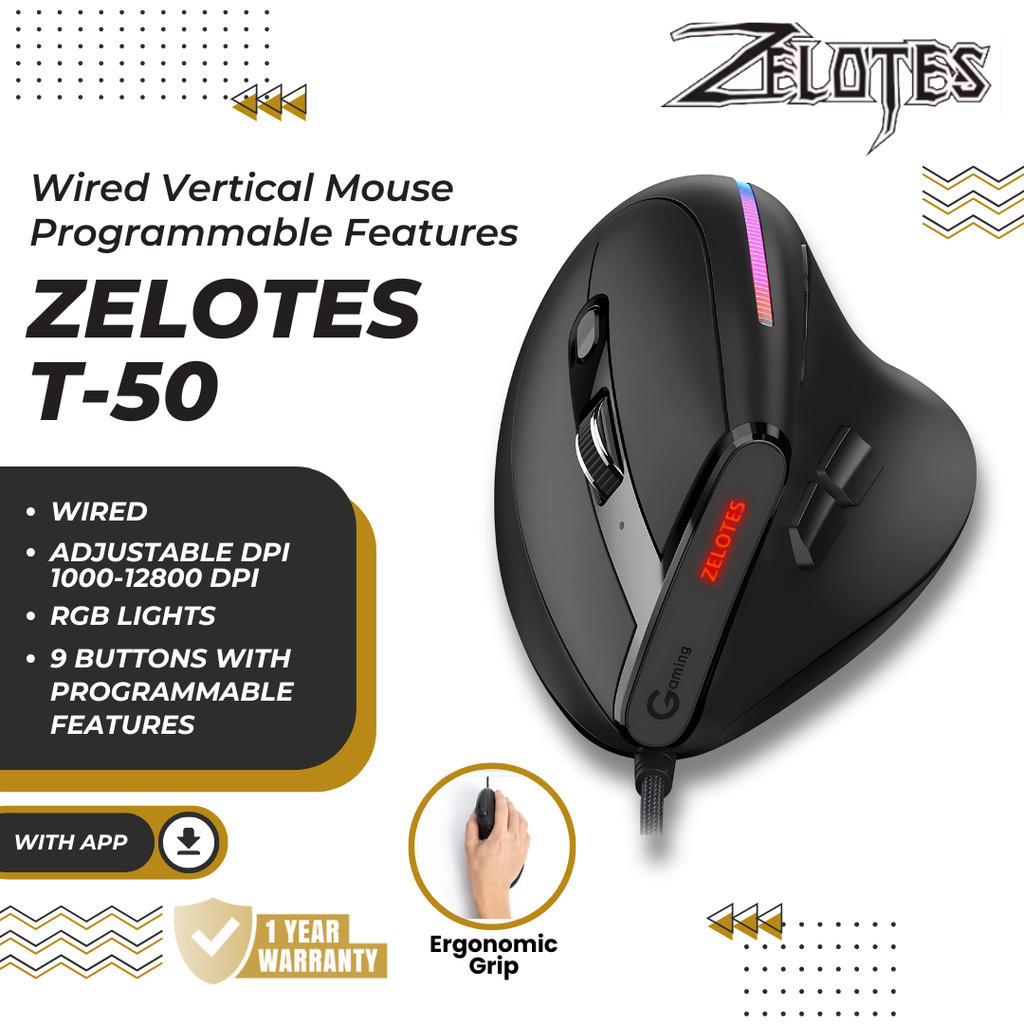 Jual Zelotes T50 Ergonomic Vertical Mouse Gaming Macro 3200 DPI 7 ...