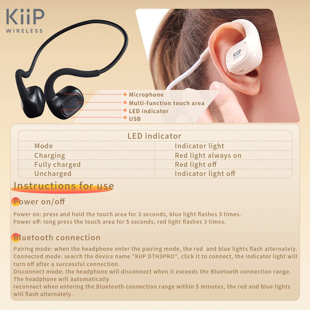 KiiP Wireless DTH3 Pro OWS Open Ear Wireless Earphone TWS Bluetooth Earhook
