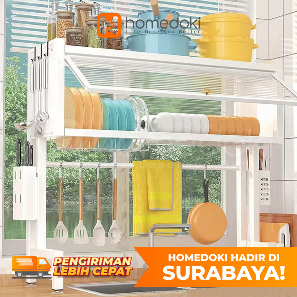 Homedoki Surabaya- Rak Piring Wastafel Dapur Stainless Steel Multi-fungsi Dengan Penutup Rak Piring Tertutup