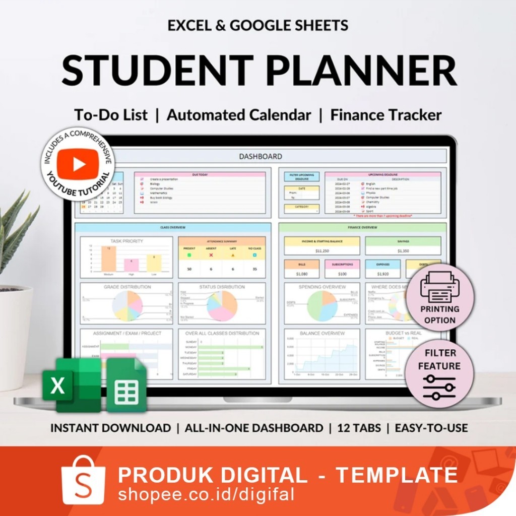 Jual Student Planner Assignment Tracker Academic Planner GoogIe Sheets ...