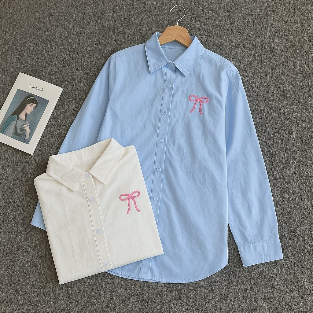 Vallina Outfit - Plain Ribbon Shirt Atasan Wanita Muslim Remaja Lengan Panjang Matt Linen Rami