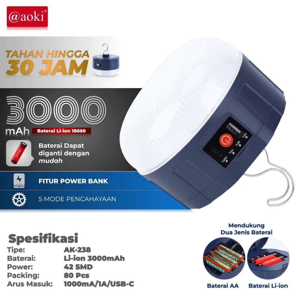 Jual Lampu Emergency Aoki LED Gantung Portable Dual Baterai Cas Tipe-C ...