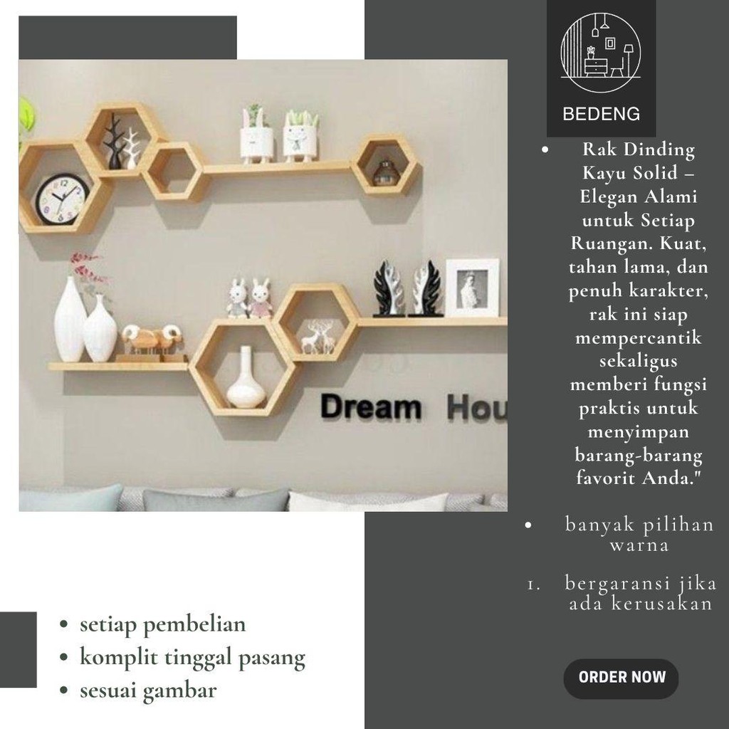 Jual RAK HEXAGONAL MINIMALIS HIASAN DINDING SATU SET Ambalan Kayu ...