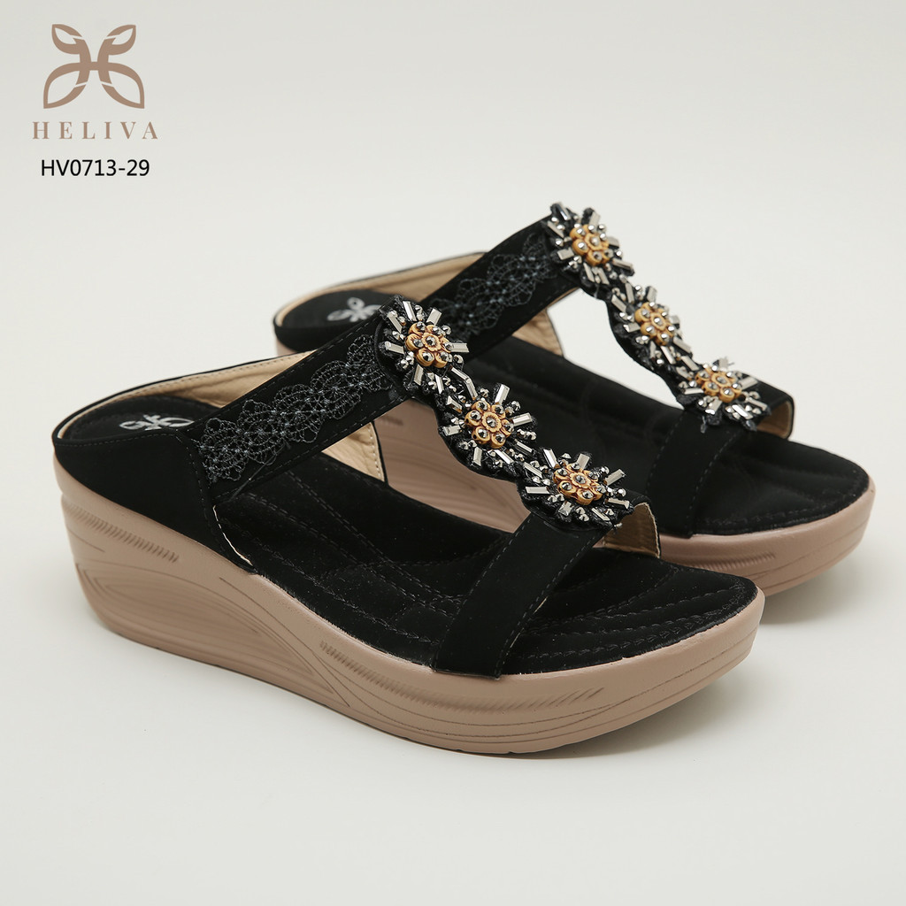 Jual C225 GY Heliva Erin Sandal Tali Wedges Wanita Sol 6cm Bahan