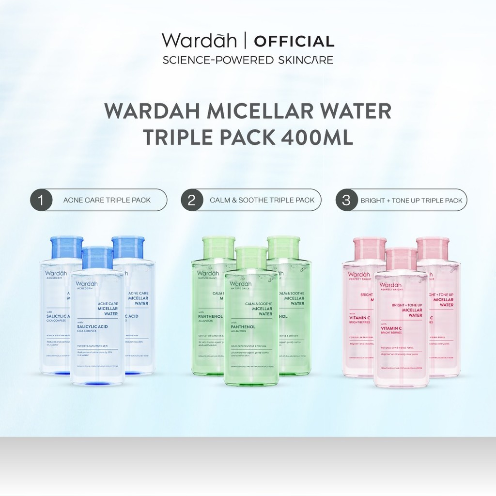 [TRIPLE PACK] Wardah Micellar Water 400 ml (Perfect Bright, Nature Daily, Lightening Oil, Acnederm) - Pembersih Make Up Waterproof