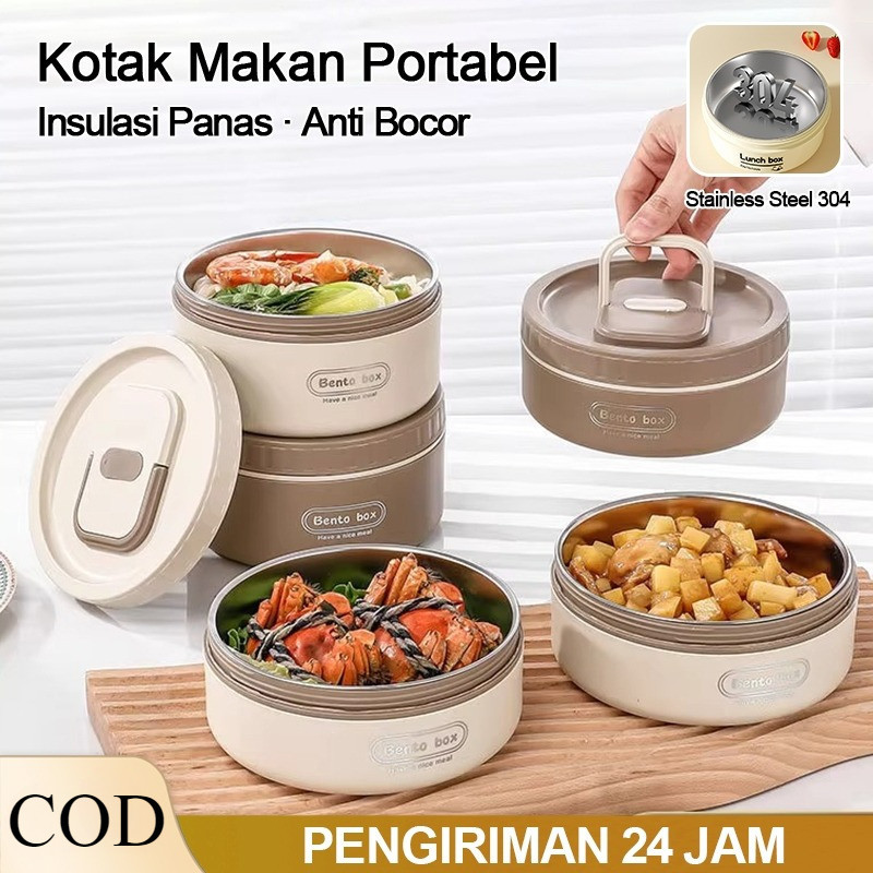 Jual Lunch Box Set Stainless/Kotak Makan Bulat Bento Portabel/Tahan ...