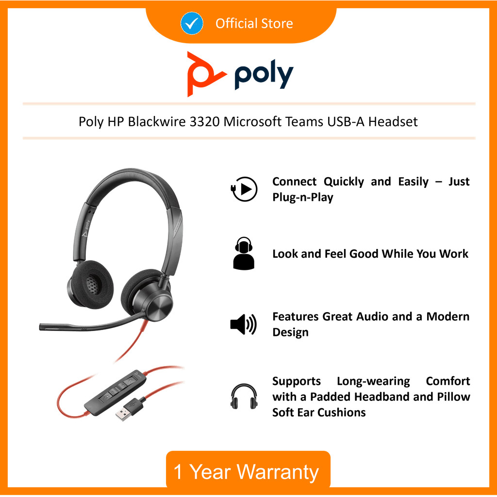 Jual Poly HP Blackwire 3320 Microsoft Teams USB-A Headset (214012-01 ...