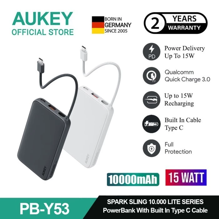 AUKEY Powerbank 10000mAh 15W Built In Cable Fast Charging Spark Sling Lite Series PB-Y53