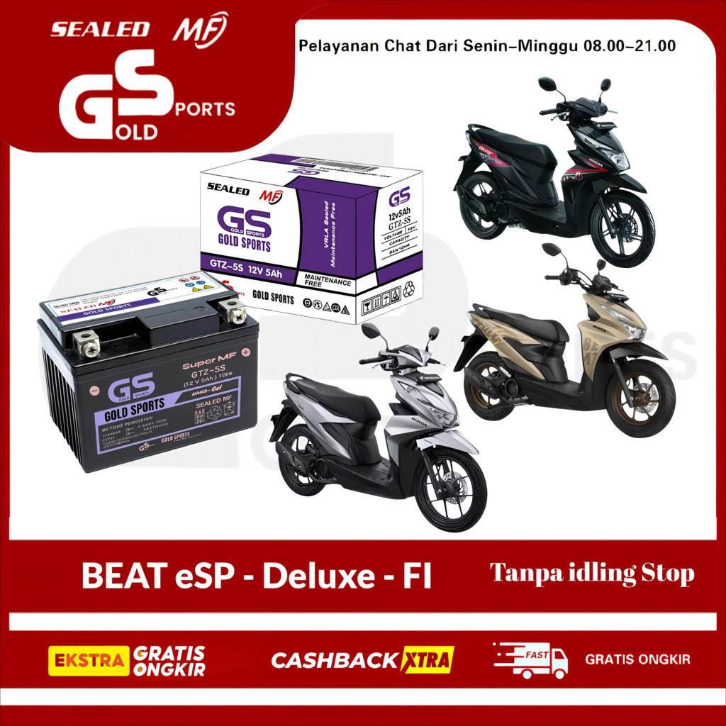 GOLD SPORTS Aki Full Kering Motor BEAT FI Street Kabru / DELUXE Non idling Stop GTZ5S 12V5Ah GS