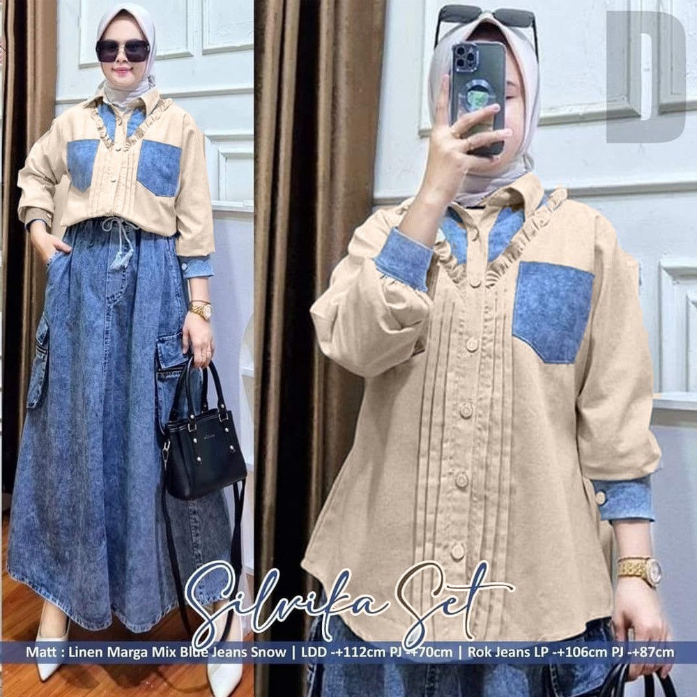 Jual COD - Silvika Set Rok Setelan Wanita Jeans Mix Linen Premium All ...
