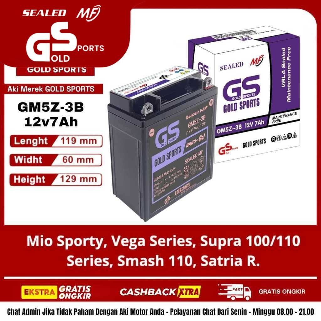 GOLD SPORTS Aki Motor GM5Z-3B 12V7Ah HONDA Supra Supra X Grand Mega Pro Astrea Prima Supra Fit YAMAHA Mio Sporty Vega R All Varian Vega ZR Jupiter Z MX Lama F1ZR Crypton SUZUKI Smash Shogun Tornado