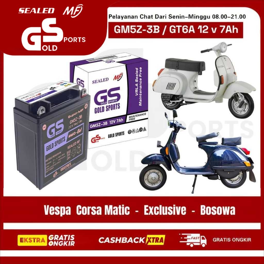 GOLD SPORTS GM5Z-3B 12 V 7AH Aki Full Kering Motor Vespa Corsa Matic - Exclusive - Bosowa Accu Gel MF Battery 5AH GT6A