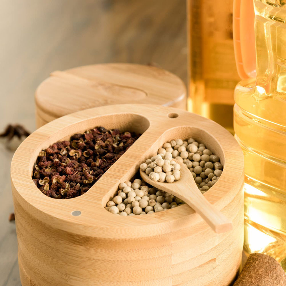 Jual Bamboo Salt Container Box With Lid And Spoon Pepper Sugar Storage