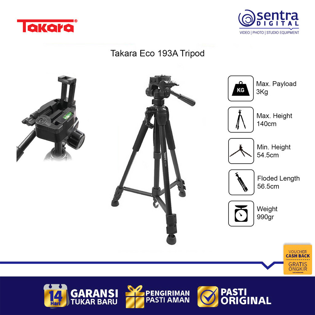 Jual Takara Eco 193A Alumunium Tripod with Bluit in Phone Holder Fluid ...