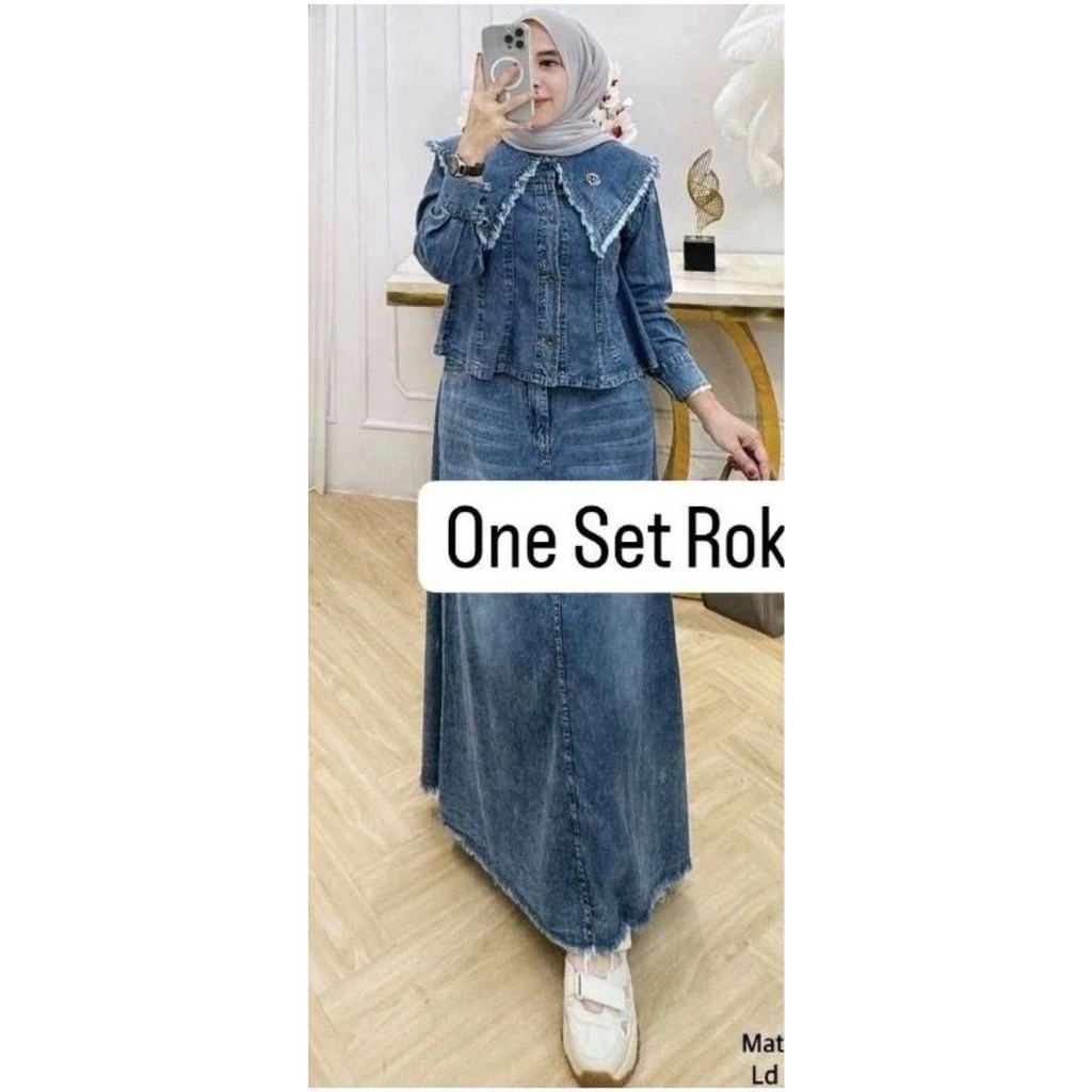 Jual Vallina Outfit - One Set Jeans Setelan Rok Wanita Muslim 2in1 All ...