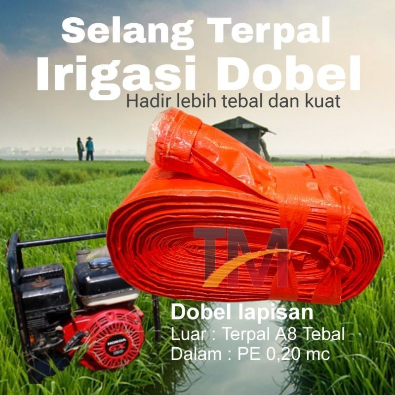 Selang terpal A8 irigasi 3 DIM dan 4 DIM 50 meter tebal dobel dua lapis alkon sawah pengairan pertanian