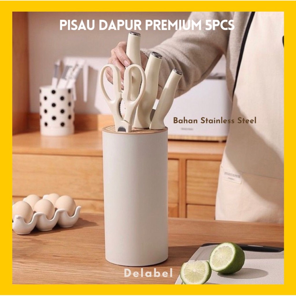 5 in1 Kitchen Stainless Steel Knife Set with Holder White - Pisau Set 5in1