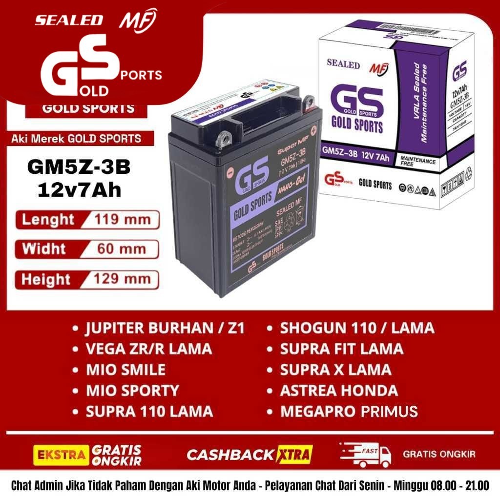 GOLD SPORTS Aki Motor GM5Z-3B 12V7Ah Yamaha Mio Sporty Mio Smile Jupiter Z Lama Jupiter Z Burhan Burung Hantu Vega ZR / RR / R Alfa IIR F1ZR Crypton Sigma Vega Series Jupiter Series Mio Rx-Z RZ-R All Type Nouvo Honda Astrea Grand Supra 100cc Series,