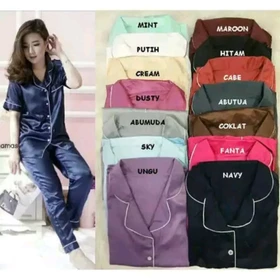 BA B26 Baju Tidur Piyama Satin Polos Lengan Pendek Celana Panjang Setelan Baju Tidur