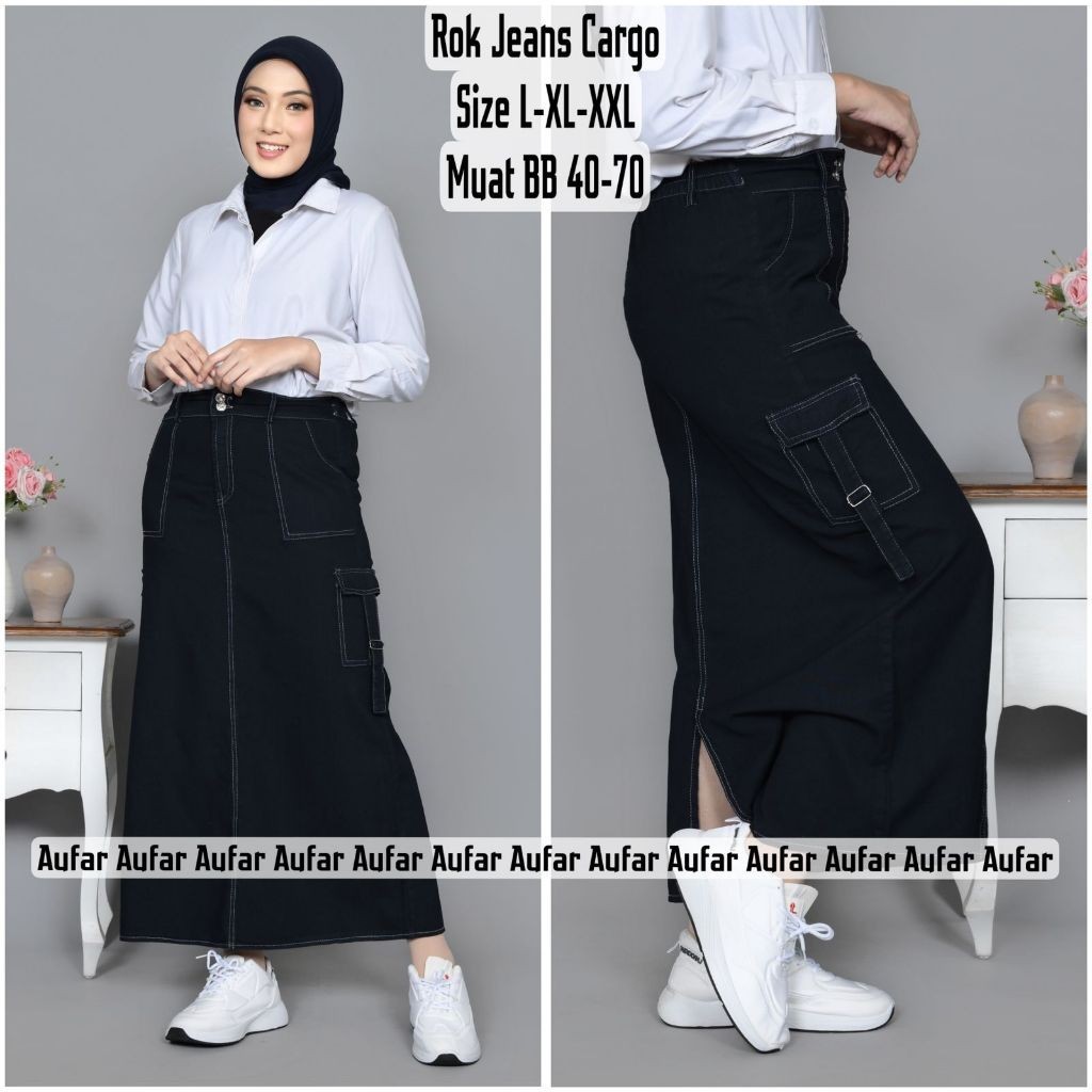 Jual rok jeans cargo wanita terbaru saku samping muat bb 40-80