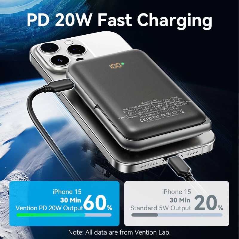 Vention Wireless Powerbank Magnetic Magsafe 20W iPhone Fast Charging 10000mAh with Metal Stand