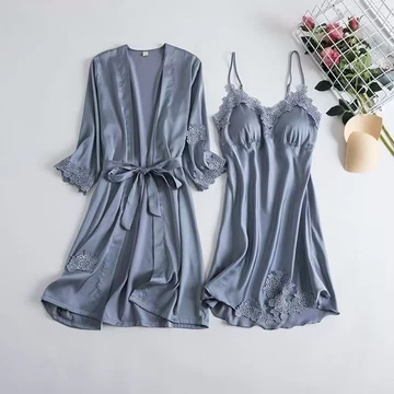 Baju Tidur Kimono Satin Renda Wanita Sexy Polos Piyama Kimono Modis 2 In 1
