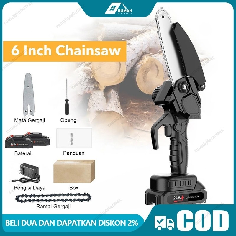 Jual Mesin Chainsaw 6 Inch Cordless Chainsaw 24V Gergaji Baterai ...