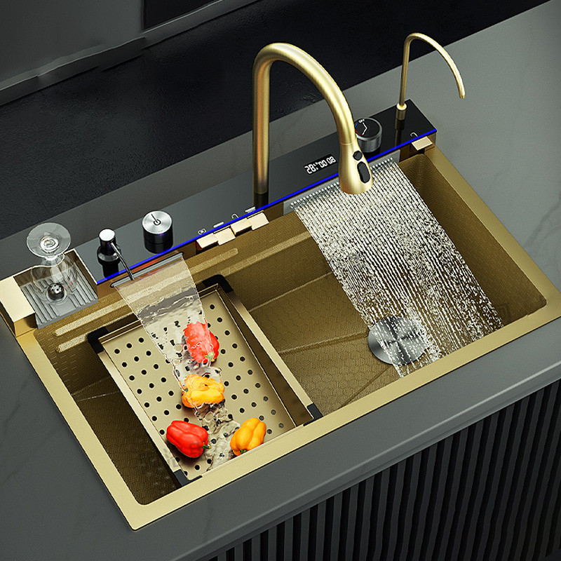 Jual Golden Stainless Steel Kitchen Sink Double Waterfall Sink Digital ...