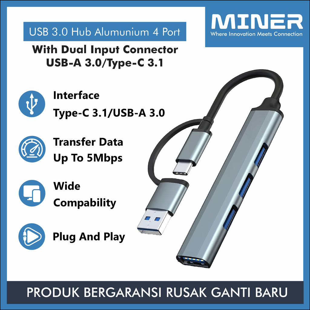 Jual MINER USB 3.0 Hub Alumunium 4 Port Dual input Connector USB-A 3.0 ...