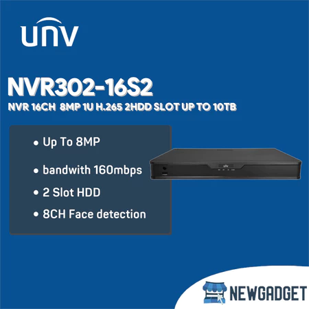 UNV NVR302-16S2 NVR 16CH  8MP 1U H.265 2HDD SLOT UP TO 10TB + NVR302-16S2-2TB