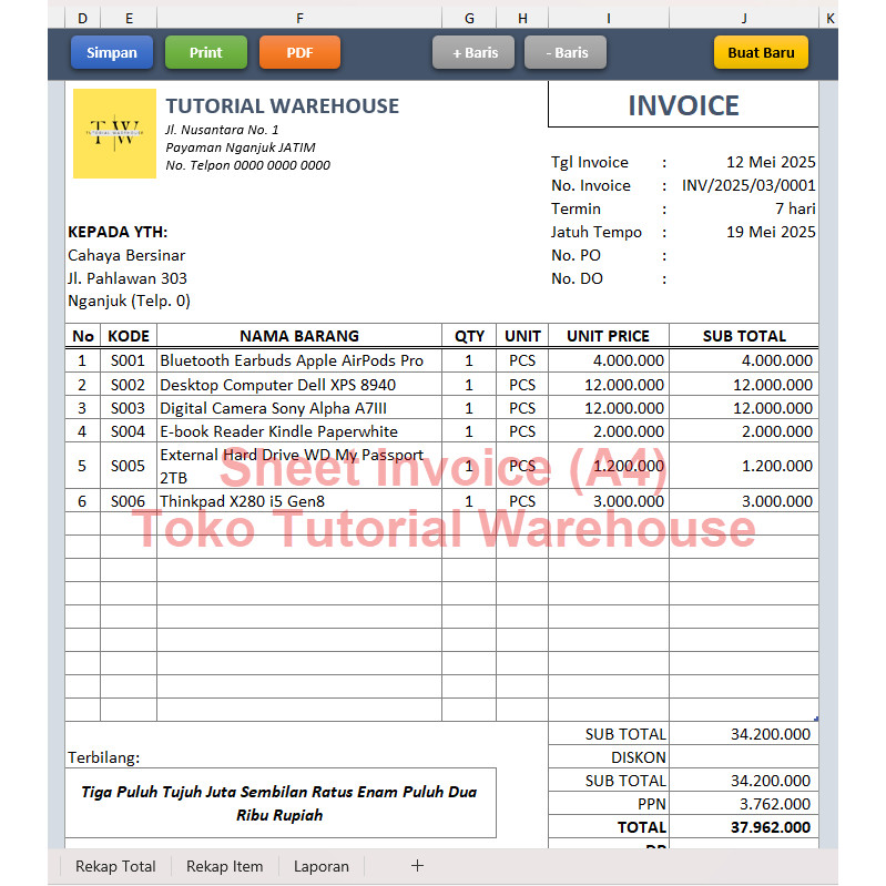 Jual Template Excel Invoice Otomatis Simpan ke Arsip, Cetak PDF, Cetak ...