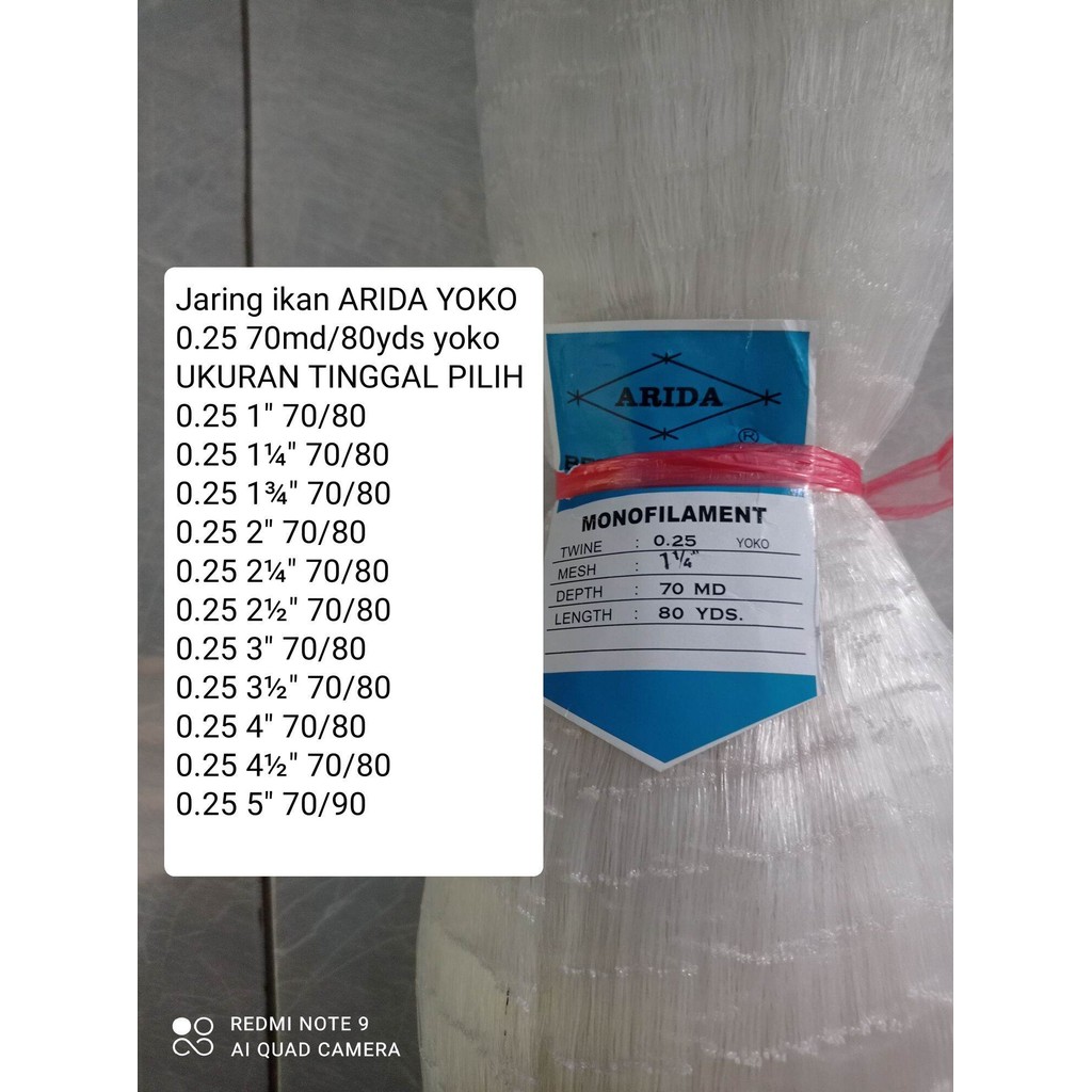 Jual bahan jala Jaring ikan arida 0.25 70md/80yds yoko UKURAN TINGGAL ...