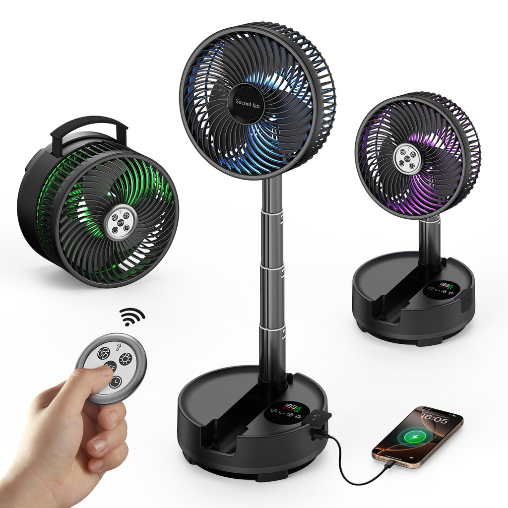 Portable Folding Desk Table Fan Quiet USB Rechargeable Telescopic Standing Floor Fan White