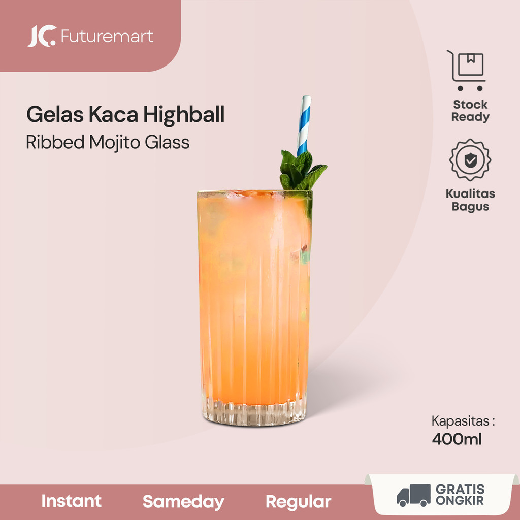 Jual Gelas Kaca kopi teh minuman highball ribbed mojito glass 400ml ...