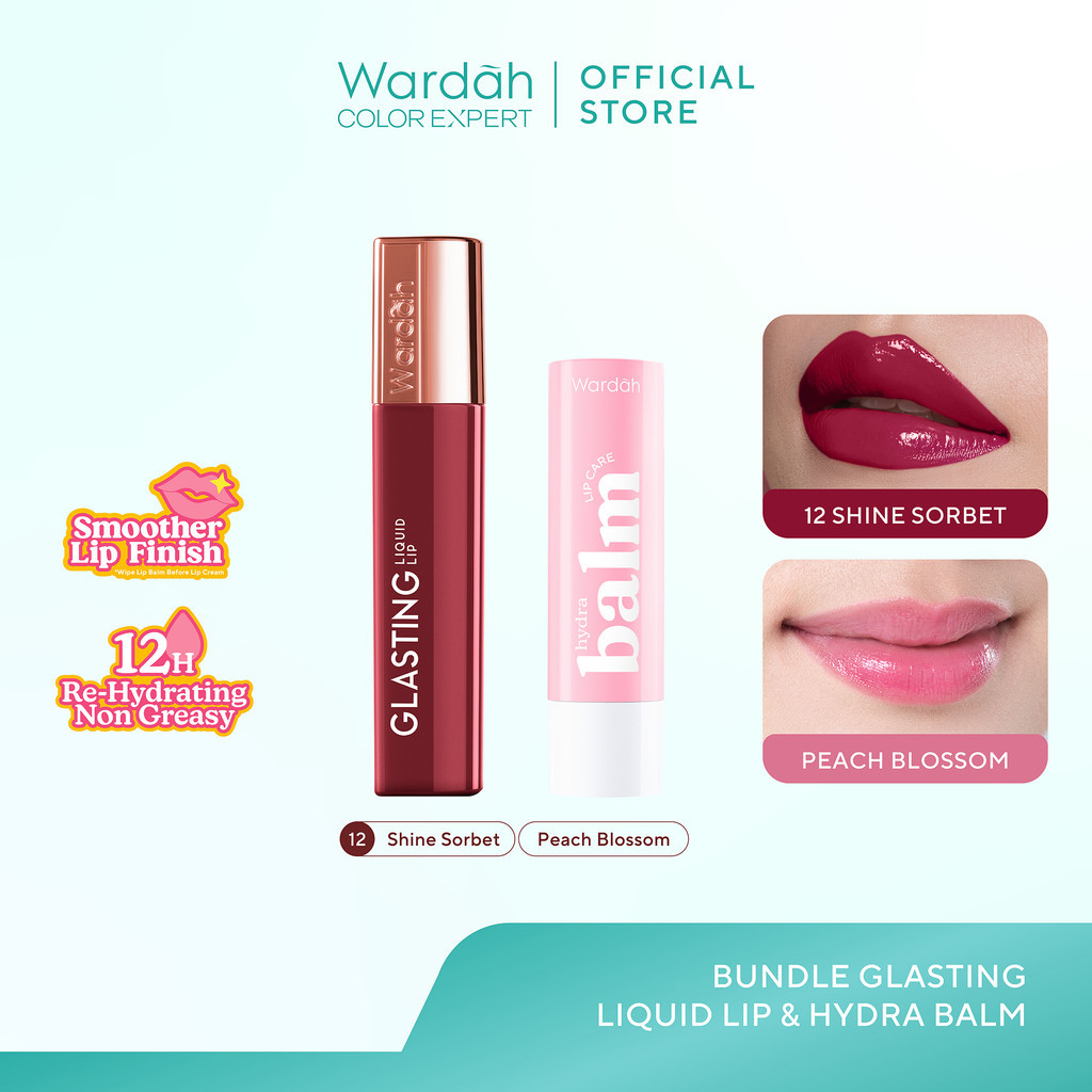 [BUNDLE] WARDAH Paket Hydrabalm Lip Care Peach Blossom 4 g + Glasting Liquid Lip / Matte Lip Cream - Lip Balm, Lip Cream - Pelembab Bibir - Set Untuk Bibir Sehat dan Glowing - Makeup