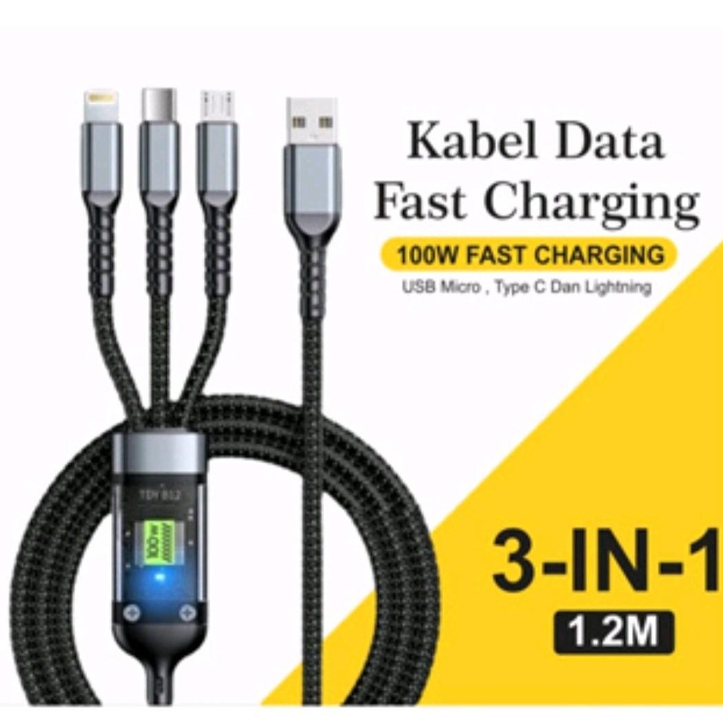 Jual Kabel Data 3in1 Fast Charging 100W USB Micro, Type C, Lightning ...