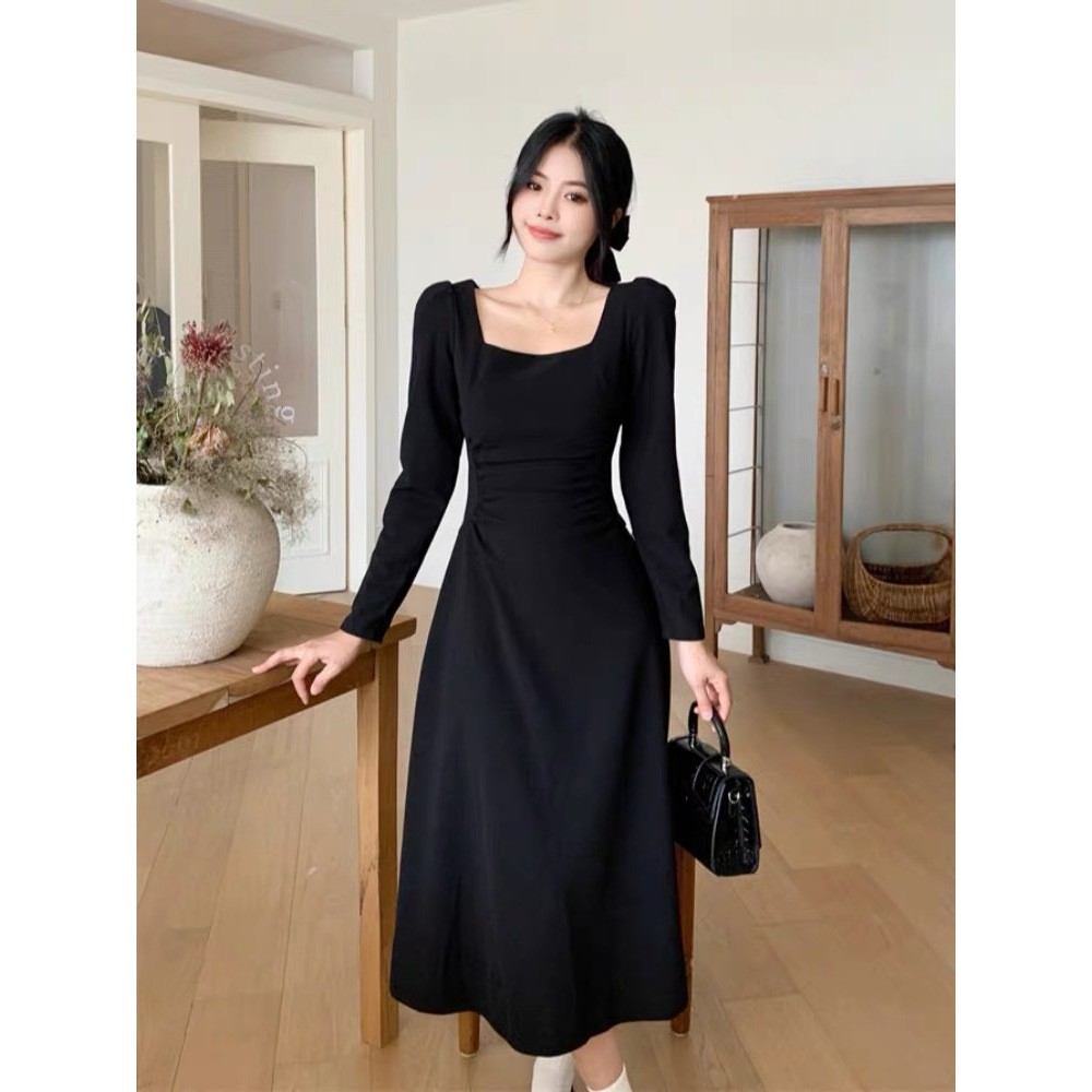 chinese dress ladies Black Ribbed Button Long Sleeve Polo Maxi Dress main image 1