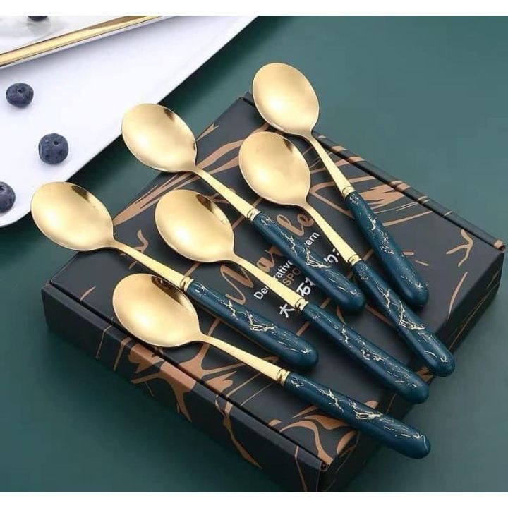Sendok Makan Sultan 6 Pcs Sendok Marble Golden Spoon Kado Souvenir Wedding Hadiah Hampers Peralatan Makan Set gks