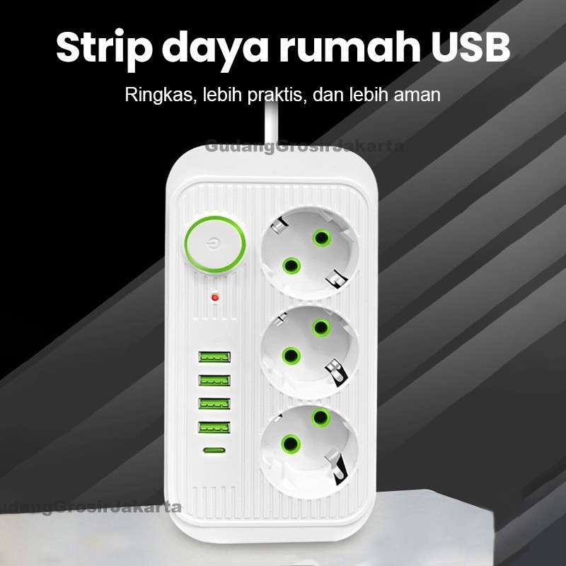 Jual 2500W Power Strip 3 Colokan+1 TYPE-C+4 USB Kabel Colokan 2 Meter ...