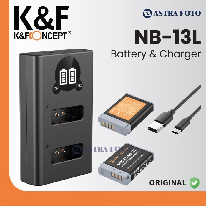 K&F CONCEPT NB-13L reservebatterij 2 stuks met LCD Dual Slot oplader