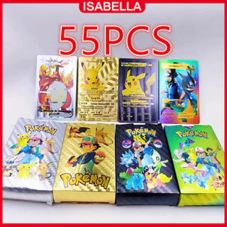 ISABELLA 55Pcs Mainan Peliharaan Elf Kartu / Hitam Emas Perak Kartu Pokemon / Mon Charizard Bahasa Inggris / Untuk Koleksi Anak Kartu Foil Emas Pokemon / Kartu Pokemon Charizard Pikachu cards Bahan Metal Emas Silver Bahasa English