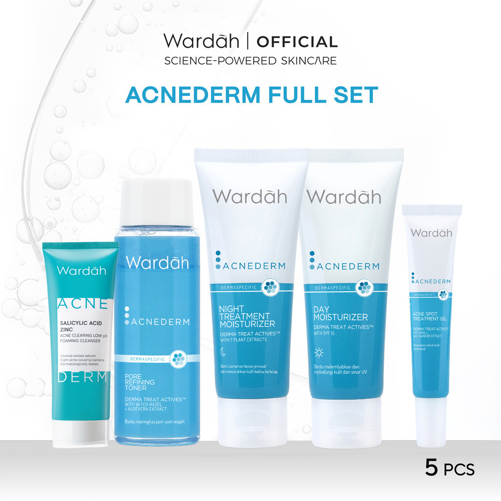 Wardah Acnederm Paket Lengkap Full Regime (Acne Spot Gel, Night Moisturizer, Toner, Day Moisturizer, Foaming Cleanser)