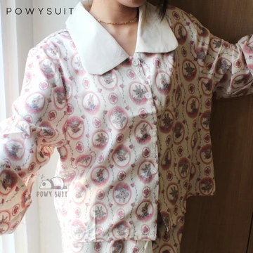 YX64 Rabbit Piyama Powysuit Satin Sutra Wanita Setelan Lengan Panjang Celana Panjang Lembut
